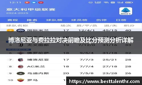博洛尼亚与费拉拉对决前瞻及比分预测分析详解